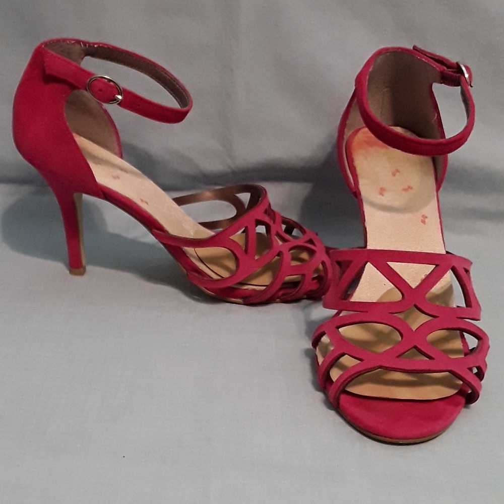 Fuschia suede ankle strap heels